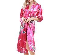 Petalum Peignoir Femme en Satin Sexy Robe de Chambre 1/2 Manches Chemise De Nuit Robe Nuisette Doux Respirant Chic Sortie de Bain Nightwear Confort Style Kimono Yukata Imprimé Floral Blossom Fleur