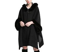 Petalum Poncho Capuche Femme Hiver Manteau Écharpe Chic Étole Cape Col Fausse Fourrure Élégant Châle Chauve-souris Mode Women Cloak Fermeture Boucle