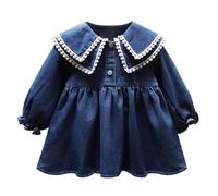 Petalum Robe Bébé Enfant Fille Coton Denim Chic Robe de Princesse en Jeans à Volant Manches Longues Col Marin Patchwork Dentelle Tenue Mignonne Uniforme Maritime pour 0 à 6 Ans