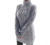 Petalum Robe Pull Femme Tricot Torsadée Hiver Pullover Tunique Extensible Chic Sexy Sweater Dress Vintage Chaud Mi-Longue Casual à Col Roulé Montant (Gris, Taille 38 (L))