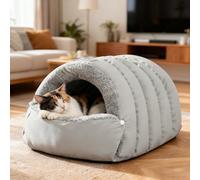 PETCUTE 2 en 1 Lit Douillet pour Chat,Niche Fermée Douce et Chaude pour Chat avec Fond Antidérapant, Pliable et Lavable, Lit d'intérieur pour Chats et Petits Chiens,Gris,S
