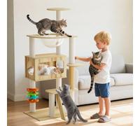 PETCUTE Arbre à Chat en Bois,Maisons et Plateformes pour Les Chats Geants,Plate,119cm Tour à Chats d'intérieur avec Balle Suspendue Jouet et Cabine Spatiale Transparente,Style Moderne