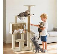 PETCUTE Arbre à Chat en Bois,Maisons et Plateformes pour Les Chats Geants,Plate,124cm Tour à Chats d'intérieur avec Balle Suspendue Jouet et Cabine Spatiale Transparente,Style Moderne