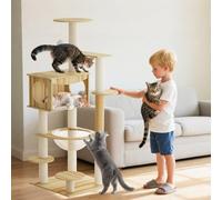PETCUTE Arbre à Chat en Bois,Maisons et Plateformes pour Les Chats Geants,Plate,124cm Tour à Chats d'intérieur avec Balle Suspendue Jouet et Cabine Spatiale Transparente,Style Moderne