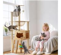 PETCUTE Arbre à Chat en Bois,Maisons et Plateformes pour Les Chats Geants,Plate,150cm Tour à Chats d'intérieur avec Balle Suspendue Jouet et Cabine Spatiale Transparente,Style Moderne