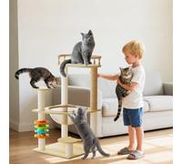 PETCUTE Arbre à Chat en Bois,Maisons et Plateformes pour Les Chats Geants,Plate,82cm Tour à Chats d'intérieur avec Balle Suspendue Jouet et Cabine Spatiale Transparente,Style Moderne