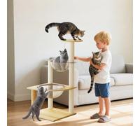 PETCUTE Arbre à Chat en Bois,Maisons et Plateformes pour Les Chats Geants,Plate,99cm Tour à Chats d'intérieur avec Balle Suspendue Jouet et Cabine Spatiale Transparente,Style Moderne