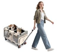 PETCUTE Caisse de Transport pour 2 Chat avec Roulette,Respirant Sac de Transport pour Chats,Sac de Transport pour Animaux de Compagnie avec Laisse de Sécurité,Voyage en Voiture, Camping,Beige
