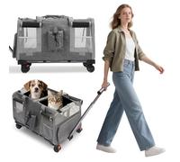 PETCUTE Caisse de Transport pour 2 Chat avec Roulette,Respirant Sac de Transport pour Chats,Sac de Transport pour Animaux de Compagnie avec Laisse de Sécurité,Voyage en Voiture, Camping,Gris