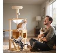 PETCUTE Grand Arbre à Chat en Bois, Tour Moderne pour Chats avec Capsules Spatiales, échelle, Jouets pour Chat, Plateformes, Meubles pour Chats,Capacité de Charge 7kg