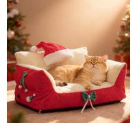 PETCUTE Lit de Noël pour Chat et Petit Chien,Canapé en Peluche Moelleuse pour Animaux de Compagnie,Panier pour Chiot avec Housse Amovible et Lavable,Coussin Doux et Respirant pour Chat,pour Sommeil,L