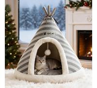 PETCUTE Lit Niche pour Chat d'intérieur avec Jouet Suspendu,Pliable,Lit Grotte pour Petit Chien Antidérapant,Super Doux Tente pour Chaton Niche Maisons, idéal pour Chats et Chiots,Gris,M