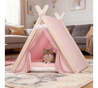 PETCUTE Lit Tente pour Chat, Tipi pour Chats, Chatons et Petits Chiens, Tente Pliable en Bois à Structure Triangulaire avec Coussin Amovible et Lavable, Abri d'intérieur pour Chats et Chiens,Rose