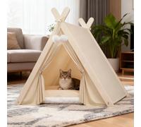 PETCUTE Lit Tente pour Chat, Tipi pour Chats, Chatons et Petits Chiens, Tente Pliable en Bois à Structure Triangulaire avec Coussin Amovible et Lavable, Abri d'intérieur pour Chats et Chiens,Beige