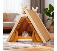 PETCUTE Lit Tente pour Chat, Tipi pour Chats, Chatons et Petits Chiens, Tente Pliable en Bois à Structure Triangulaire avec Coussin Amovible et Lavable, Abri d'intérieur pour Chats et Chiens,Jaune