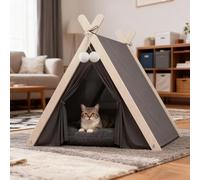 PETCUTE Lit Tente pour Chat, Tipi pour Chats, Chatons et Petits Chiens, Tente Pliable en Bois à Structure Triangulaire avec Coussin Amovible et Lavable, Abri d'intérieur pour Chats et Chiens,Gris