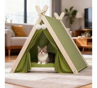 PETCUTE Lit Tente pour Chat, Tipi pour Chats, Chatons et Petits Chiens, Tente Pliable en Bois à Structure Triangulaire avec Coussin Amovible et Lavable, Abri d'intérieur pour Chats et Chiens,Vert