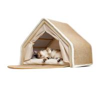 PETCUTE Maison pour Chats d'intérieur,Lit pour Chat avec Tapis Griffoir en Sisal Naturel,Cadre en Bois Massif,Tente pour Chat avec Rideaux et Coussin Amovible,Protège Canapé et Tapis,L