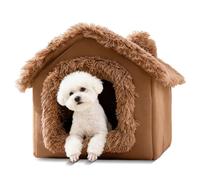 PETCUTE Niche pour Chat et Chien d'intérieur,Lavable,en Peluche,Maison de Chat Pliable avec Coussin Amovible,Fond Antidérapant,Lit Chaud et Confortable pour Chatons Chiots Petits Chiens,Marron,L