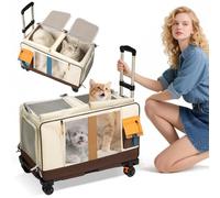 PETCUTE Sac de Transport à roulettes à Double Compartiment pour 2 Chats,Caisse de Transport Chat en Maille Respirant avec Laisse de Sécurité,Sac de Transport de Voyage pour Petits Chiens,Marron
