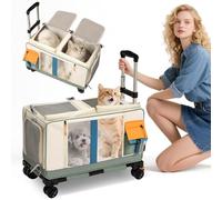 PETCUTE Sac de Transport à roulettes à Double Compartiment pour 2 Chats,Caisse de Transport Chat en Maille Respirant avec Laisse de Sécurité,Sac de Transport de Voyage pour Petits Chiens,Vert