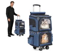 PETCUTE Sac de Transport pour 2 Chats 3-en-1, Compartiments Séparables, Sac à Dos Chat Chien avec roulettes et Poignée Amovibles,Pliable et Respirant,Sacs Transport Chien,Jusqu’à 10kg,Bleu foncé