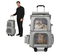 PETCUTE Sac de Transport pour 2 Chats 3-en-1, Compartiments Séparables, Sac à Dos Chat Chien avec roulettes et Poignée Amovibles,Pliable et Respirant,Sacs Transport Chien,Jusqu’à 10kg,Gris
