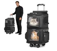 PETCUTE Sac de Transport pour 2 Chats 3-en-1, Compartiments Séparables, Sac à Dos Chat Chien avec roulettes et Poignée Amovibles,Pliable et Respirant,Sacs Transport Chien,Jusqu’à 10kg,Noir