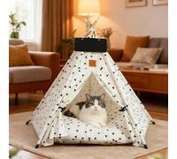 PETCUTE Tente Tipi pour Animaux de Compagnie,Niches pour Chiens avec Coussin Amovible et Lavable,Maisons pour Chat avec Poteaux en Bois,Tente Tipi Portable pour Chiens et Chats,S