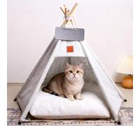 PETCUTE Tente Tipi pour Animaux de Compagnie,Niches pour Chiens avec Coussin Amovible et Lavable,Maisons pour Chat avec Poteaux en Bois,Tente Tipi Portable pour Chiens et Chats,S