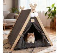 PETCUTE Tente tipi pour Chats et Petits Chiens, Pliables Tente pour Chiens avec Structure Triangulaire en Bois et Coussin Amovible, Niche d'intérieur Confortable pour Chat,Gris