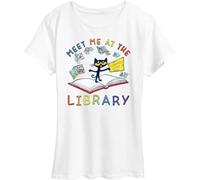 Pete The Cat Meet Me at The Library Women's Short Sleeve Graphic T-Shirt Size 2X White Manches Courtes(Medium)