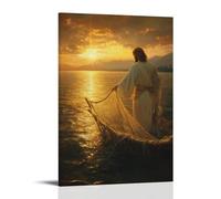 Peter Casting His Net After The Resurrection, The Sunrise Casting Gold on The Water Where Jesus Waits on The Shore. Décoration murale contemporaine - Poster décoratif à suspendre 20 x 30 cm