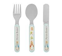 Peter Rabbit Ménagère 3 pièces - Métal réutilisable pour enfants, couteau, fourchette et cuillère, taille enfant, en acier inoxydable de qualité alimentaire et plastique ABS - Moquette, serpillère, queue en coton - pour 12 mois et plus