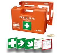PETEX Boîte de premiers secours professionnelle avec contenu conforme à la nouvelle norme DIN 13157, avec support mural pratique, 5 autocollants, trousse de premiers secours, boîte de premiers