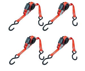 PETEX Lot de 4 Sangles d'arrimage à cliquet automatiques, 1 pièce, 5 m x 25 mm, 350/700 daN, Rouges, Crochets en S