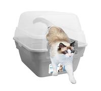Petfamily Bac à litière pliable 3 en 1 avec couvercle transparent, grande cuvette pour chat avec design anti-fuite, bac à litière spacieux pour plusieurs chats, gris