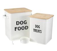 Pethiy Boîtes pour Nourriture et friandises Animaux -Conteneur Croquette Chiens -Couvercles en Bois hermétiques -Acier Carbone revêtu - 2.5KG+1.5KG Nourriture Boîtes de Rangement-Blanc