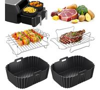 PETHREE Accessoires Air Fryer 4 Pièces pour Ninja Dual Zone 7,6-9,5L | 2x moule silicone 2x grille inox 304 5 brochettes, Sans BPA, pour Ninja AF300EU/AF400EU/AF500EU & autres Dual Zone AirFryer