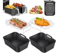 PETHREE Accessoires Air Fryer 4 Pièces pour Ninja Dual Zone 8,5-11,4L | 2x moule silicone + 2x grille inox 304, BPA-free, Empilable, pour Ninja AF400EU/DZ400EU/AF500EU/AF350EU u.a. Dual Air Fryer