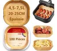 PETHREE Papier Cuisson Air Fryer 4,5-7,5L XXL, 100 Pièces Sans BPA Épaissi 20-25cm Papier Carré Sulfurisé pour Air Fryer, Antiadhésive Accessoires Moule Papier Friteuse - Épaisseur 100μm