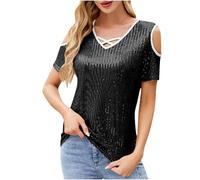 Pétillante Blouse Femme Col en V Hauts à Évider Manches Courtes Chic et Élégant Tunique Brillant Couleur Unie Blouse Été Sequins Chemisier pour Soirée