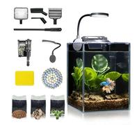 Petit aquarium de bureau en verre de 5 litres - Système de filtre autonettoyant - Lumière LED lumineuse - Outil de nettoyage pour gravier - Petit espace - Installation facile - Design peu encombrant