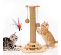 Petit arbre à chat - Jouet 4 en 1 - Avec poteaux à gratter en sisal, balles suspendues, plumes et balles interactives - Petit arbre à chat - Pour chats d'appartement - Hauteur : 46 cm - Base en bois