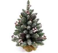 petit arbre de Noël de 20 pouces avec lumière LED blanc chaud, fruits rouges, cône de pin en plastique, base en toile de jute, ornement de Noël pour table, bureau, décoration de vacances classique