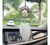 Petit attrape-rêves fait à la main avec plumes Arbre de vie voiture Intérieur Rétroviseur décoratif Style bohème Décoration murale Décoration artisanale 22 x 11 cm