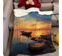 Petit Bateau en Bois Couverture Polaire 70 x 100 cm Magnifique Lever de Soleil sur la mer Impression 3D Plaid Polaire Douce Moelleuse Chaudes Flanelle Couverture de Lit Plaid pour Filles et Garçons