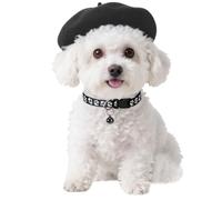 Petit Béret en Laine pour Chat et Chien avec Sangles et Collier Réglables Béret de Style Français pour Animal de Compagnie Costume de Noël Mode pour Chiot et Chaton Mini Bonnet d'artiste, Noir