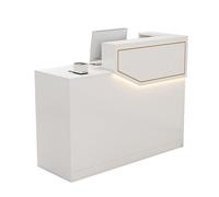 Petit bureau de réception avec bande lumineuse LED, tiroirs et armoires verrouillables for bureau à domicile, salon de beauté, salon de coiffure, caisse de vente au détail(White-Right,140cm)