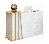 Petit bureau de réception avec étagères ouvertes et tiroirs haute capacité de rangement pour maison, salon, magasin, hôtel, 140 cm, motif marbre imprimé